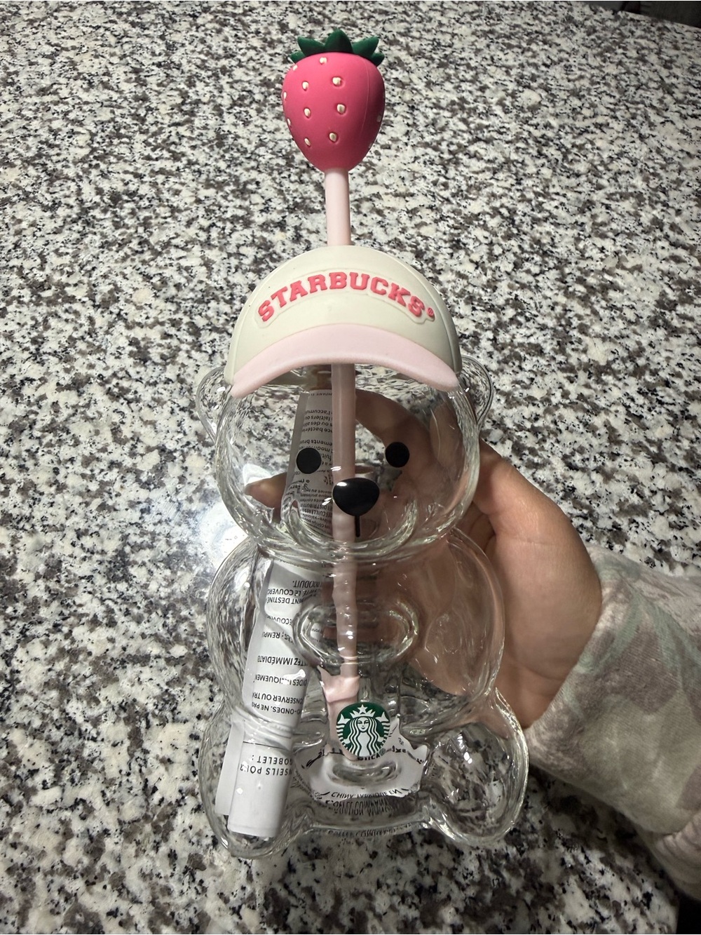Starbucks Clear Bear Glass with Pink Lid and Straw